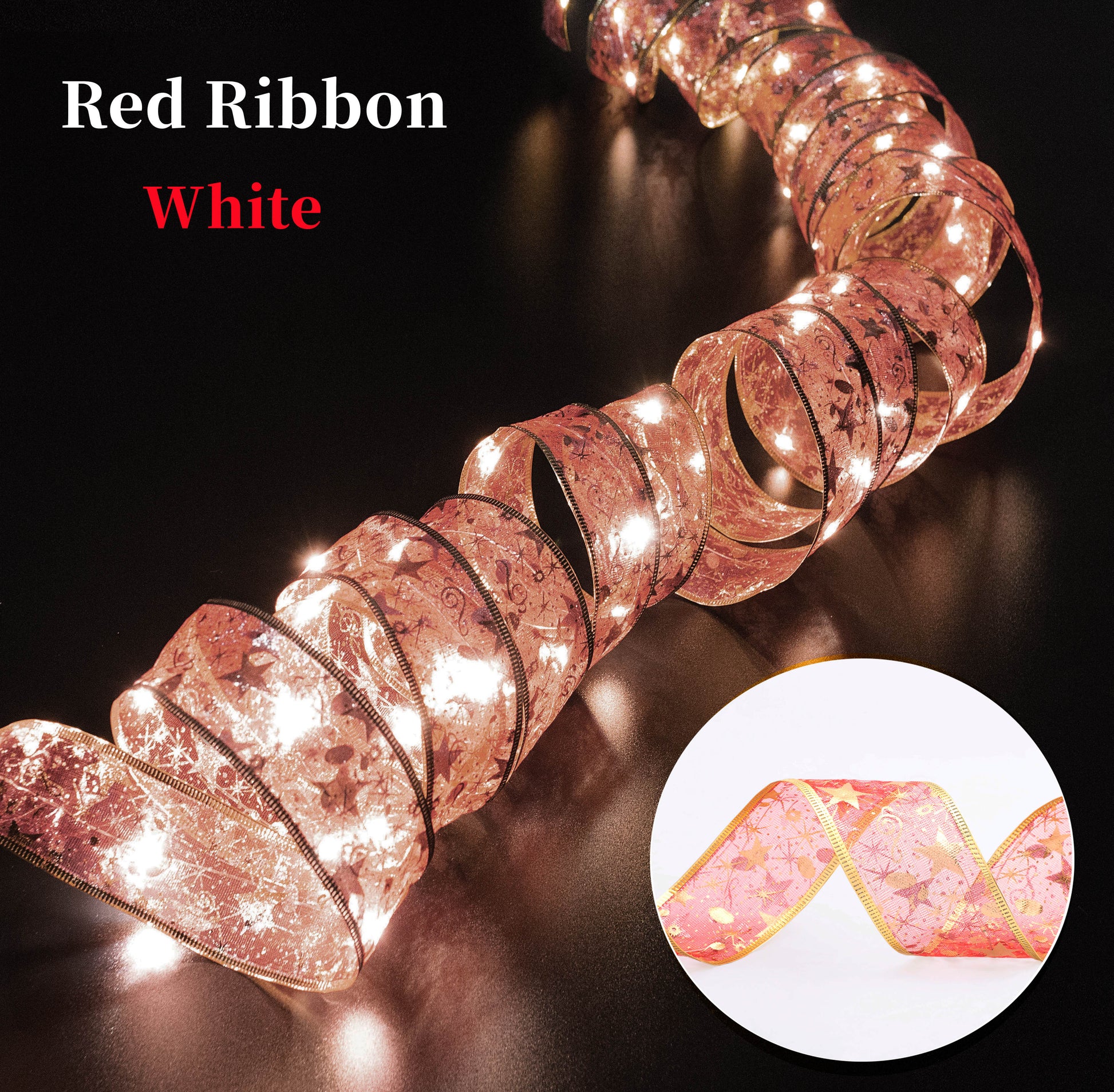 Coil of white illuminated red and gold ribbon in a dark room