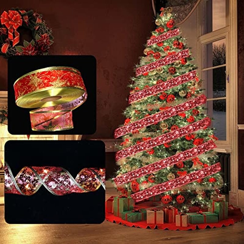 Large artificial tree wrapped with white illuminated red and gold ribbon