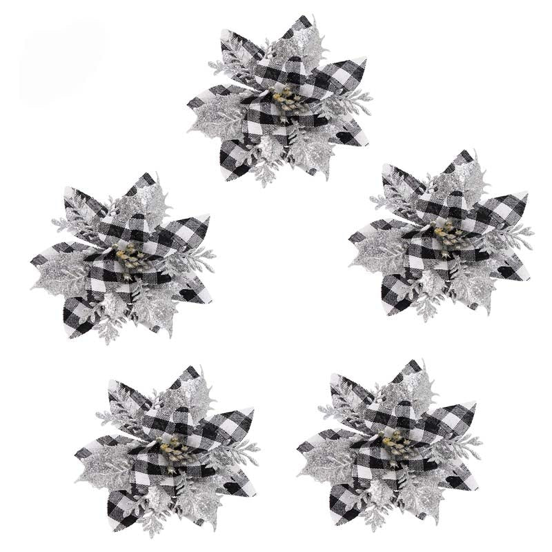 Five fourteen cm dark grey artificial Christmas flowers on a white background.