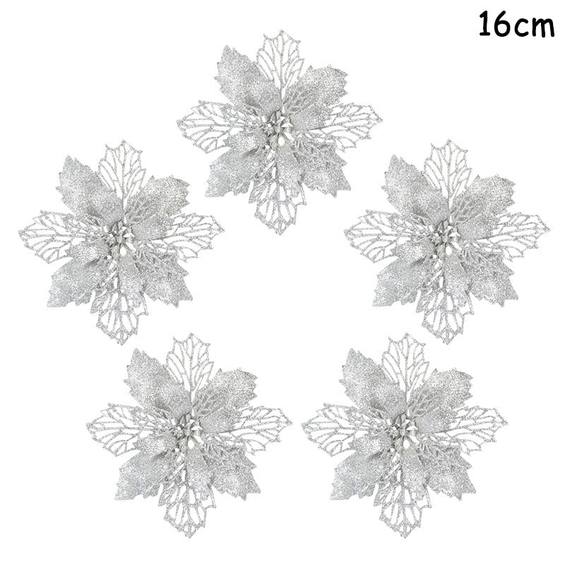 Five 14cm silver artificial Christmas flowers on a white background.