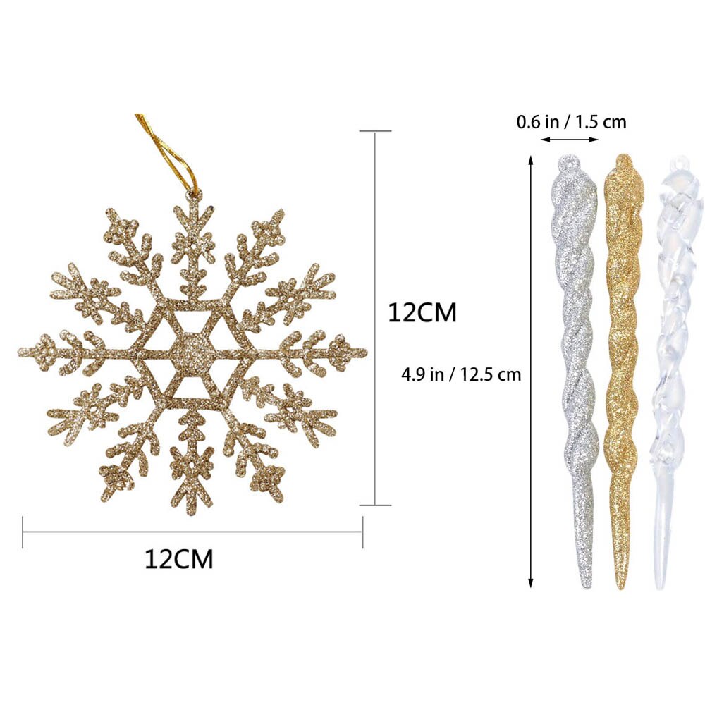 Bronze snowflake, grey glitter, gold glitter, and opaque icicle tree ornament with arrows indicating each are 12 cm in length