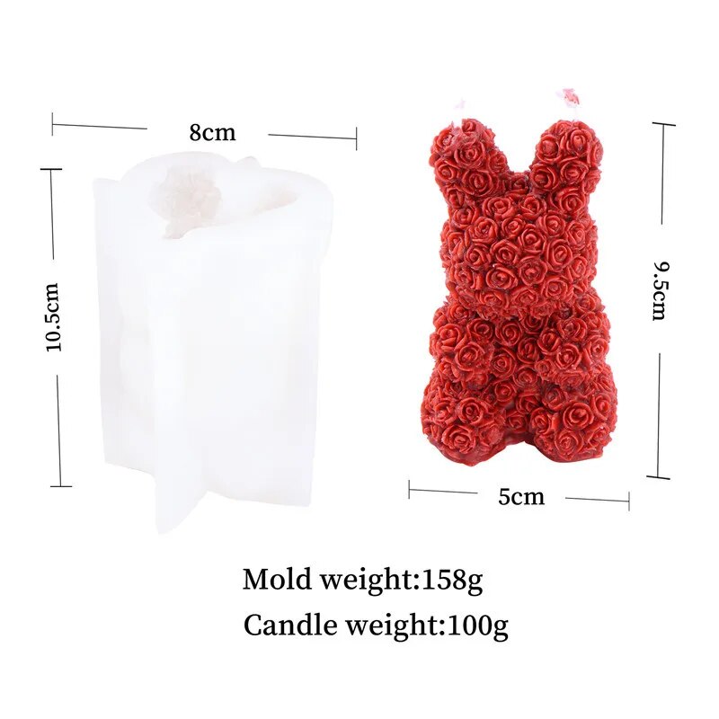 One red colored chocolate molded bunny on white background with mold size dimensions