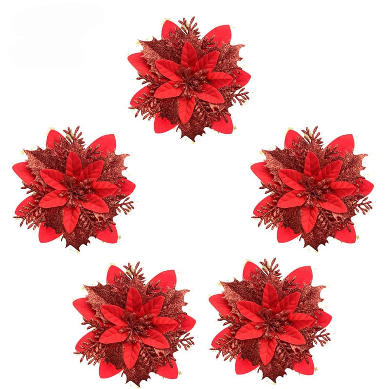 Five fourteen cm red artificial Christmas flowers on a white background.