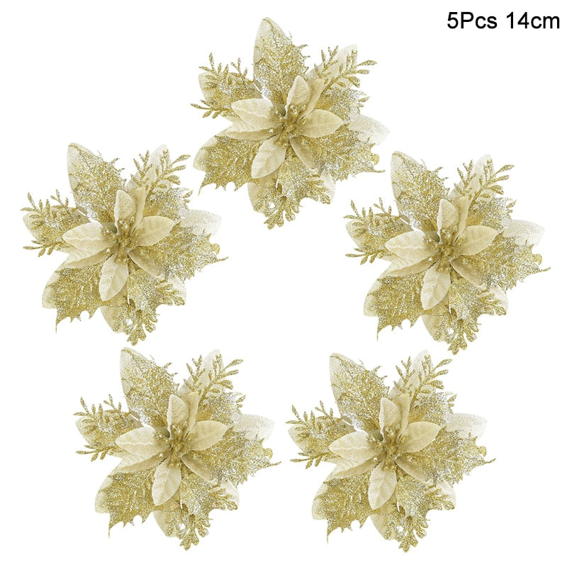 Five 14cm light gold artificial Christmas flowers on a white background