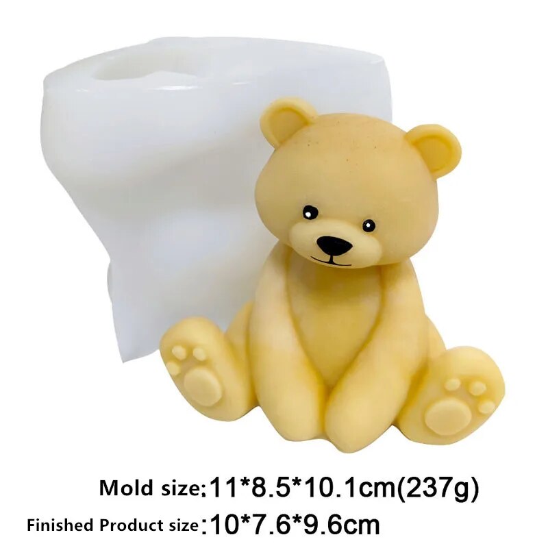 One yellow colored chocolate molded bear on white background with mold size dimensions