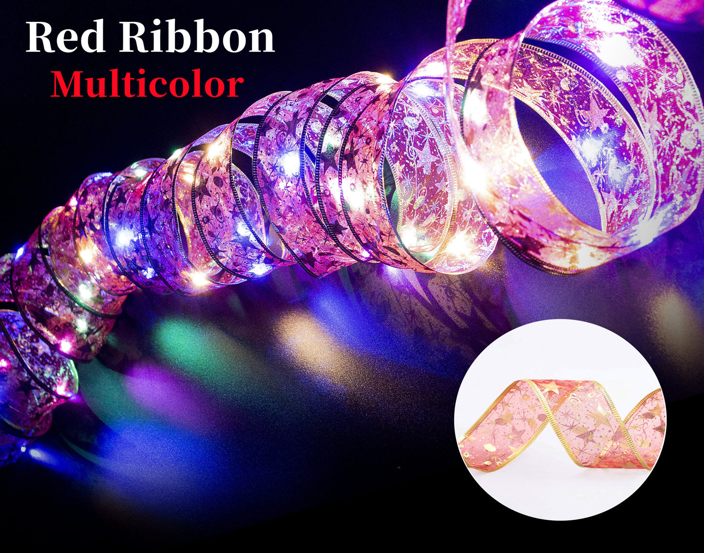 Coil of multicolor illuminated red ribbon in a dark room