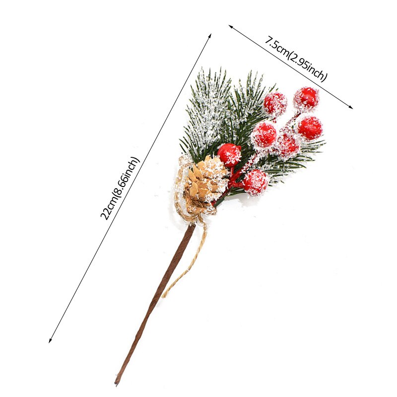 One 22cm by 7.5cm artificial wreathe/garland addition with 3 snowdusted evergreen leaves , 7 red berries, and a light brown pine cone on a white background.