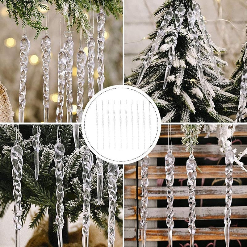 Multiple close ups of opaque icicle Christmas tree ornaments on green artificial Christmas tree