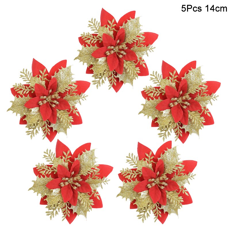 Five 14cm red and gold artificial Christmas flowers on a white background