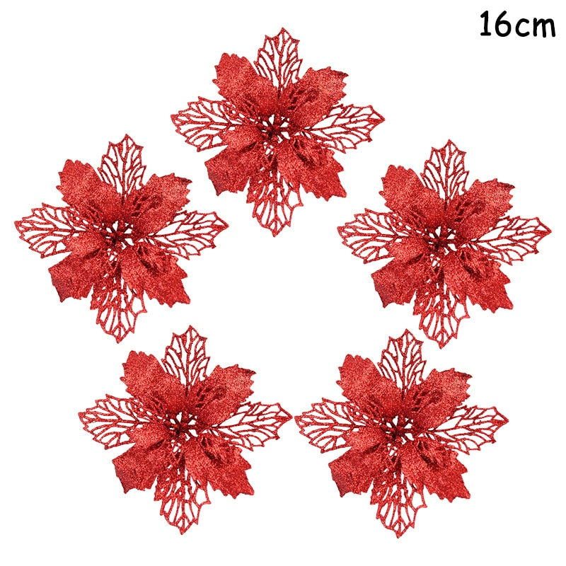 Five 16cm red artificial Christmas flowers on a white background