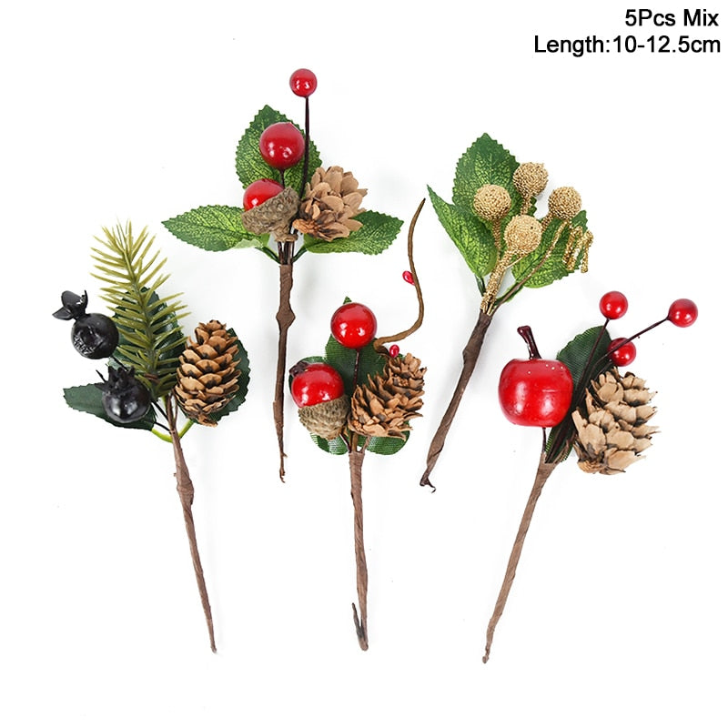 5 piece, 10-12.5cm non-coniferous green leaf wreathe/garland addition with black and red berries and pine cones.