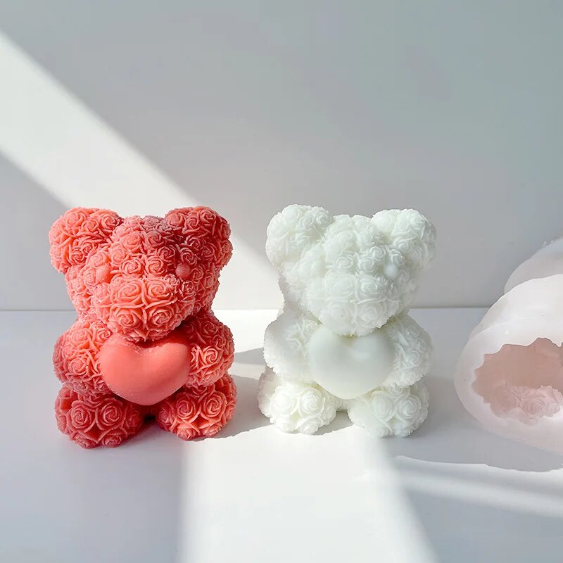  Red and white chocolate molded bears on grey background