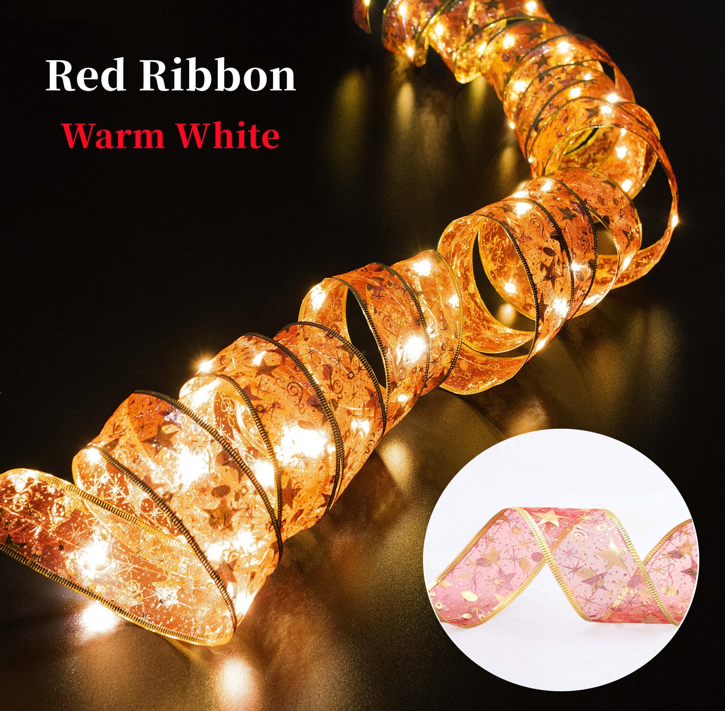 Coil of warm white illuminated gold and red ribbon in a dark room