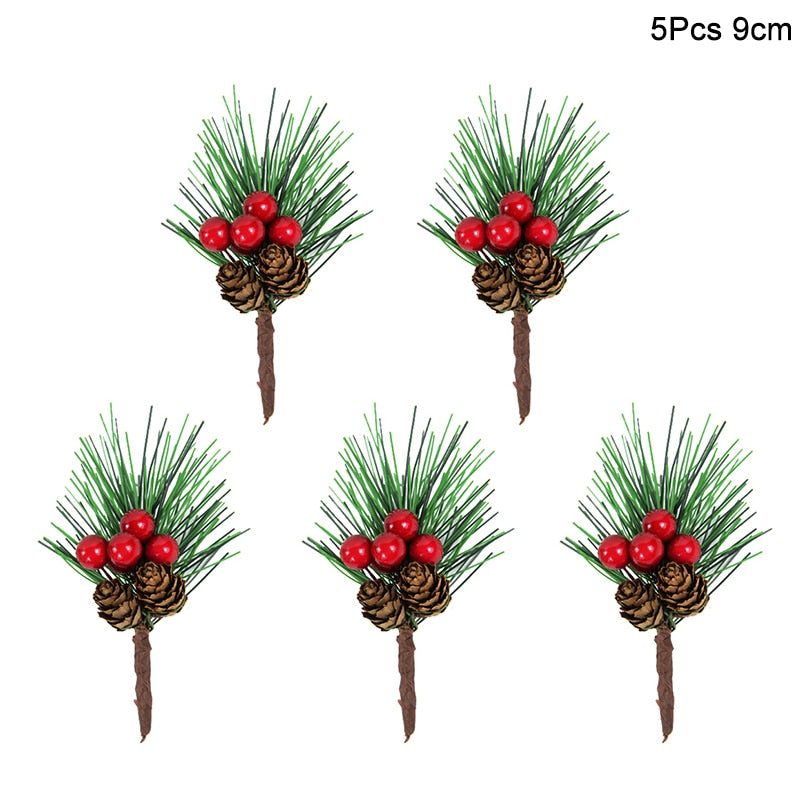 5 piece, 9cm wreathe/garland addition with green evergreen needles, 2 pinecones, and 4 red berries on each with a brown bark-like stem on a white background.