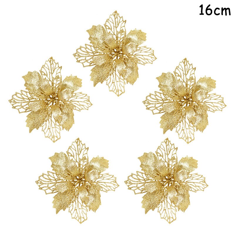 Five 14cm light gold artificial Christmas flowers on a white background