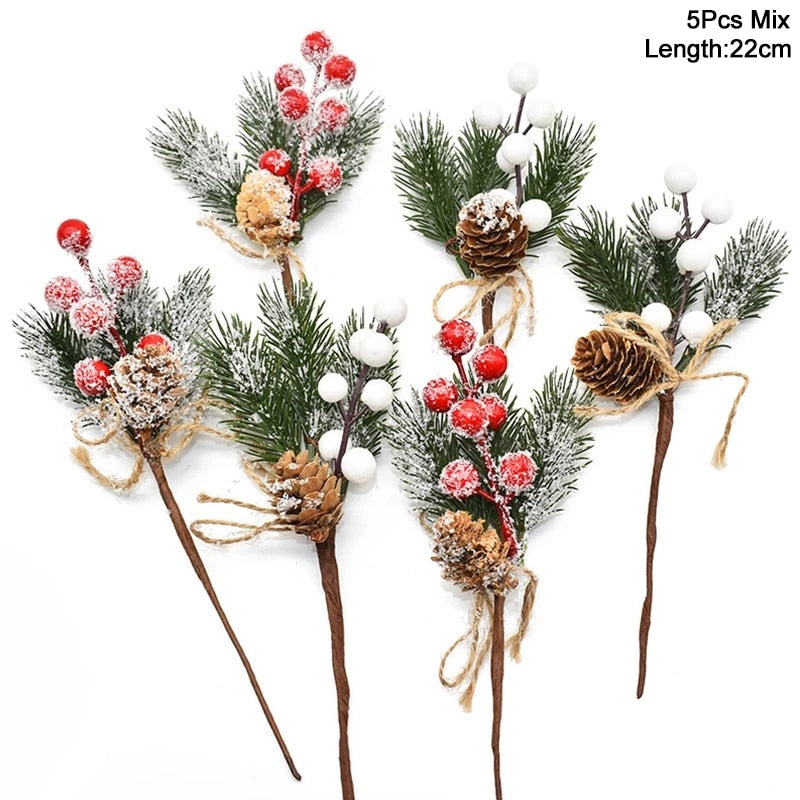 5 piece, 22cm pine needles with white snow dusted pine cones and red/white berries wreathe/garland addition on a white background