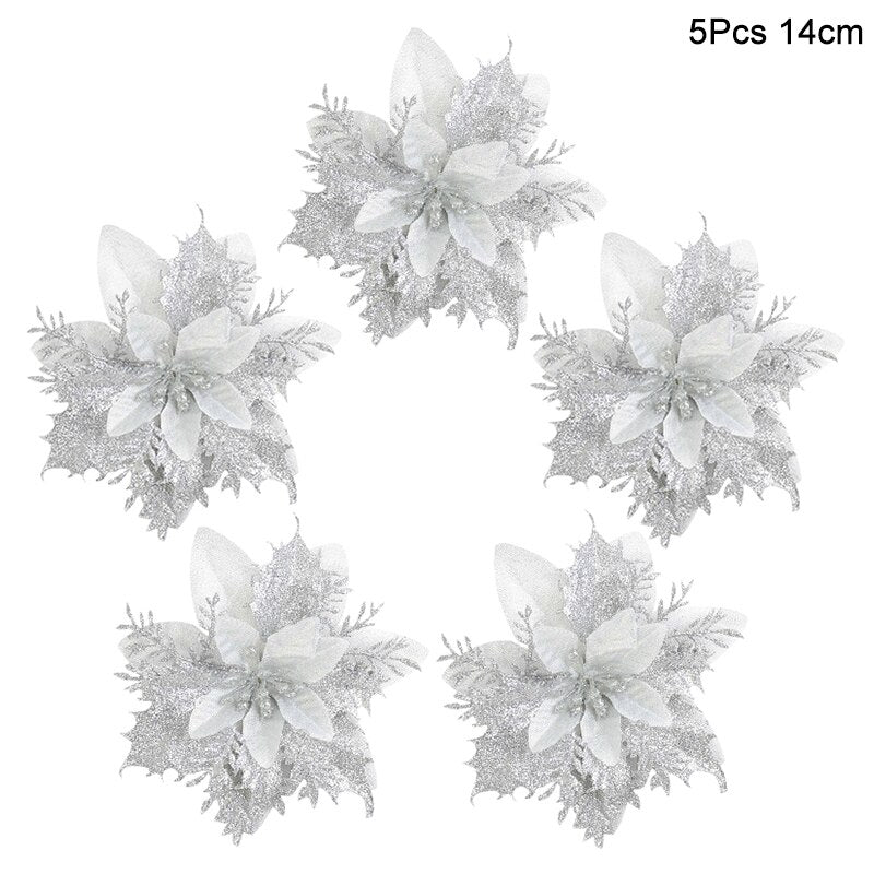 Five 14cm silver artificial Christmas flowers on a white background