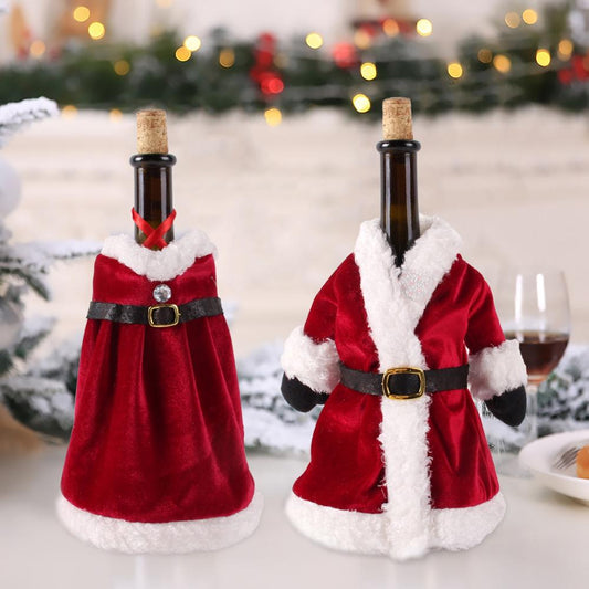 Red Santa and Mrs. Claus robes wine bottle covers