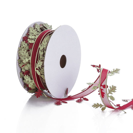 4cm by 5m red with green leaf satin Christmas ribbon on a white background