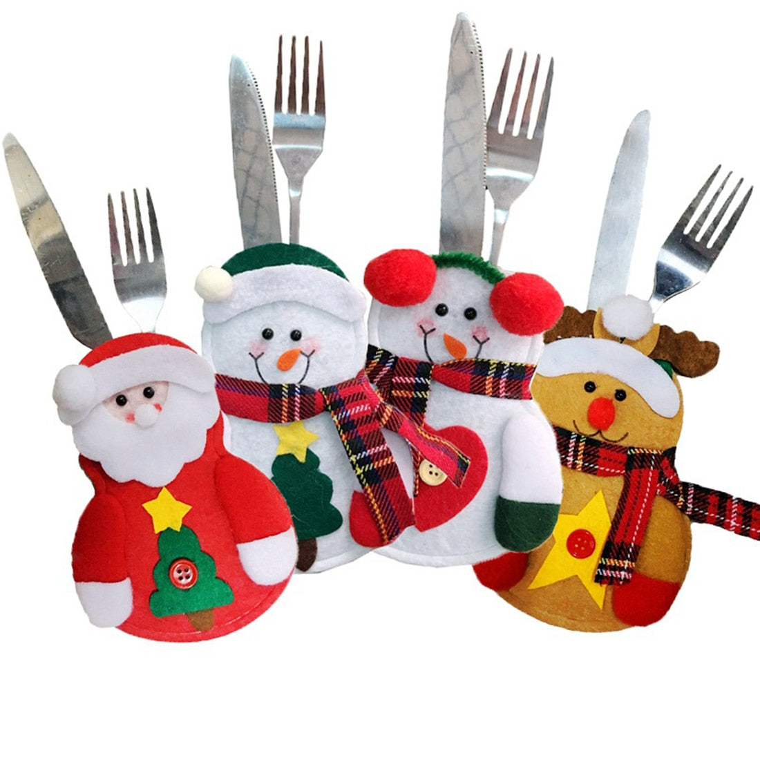 Santa, 2 snowmen, and reindeer Christmas silverware holiday pouches sitting side by side with a fork and knife in each