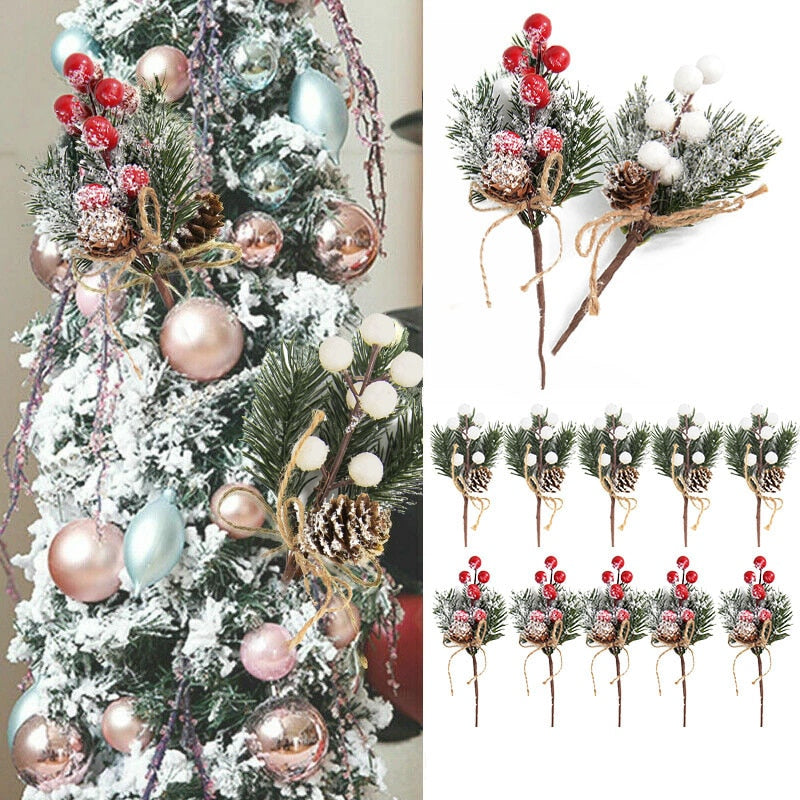 Artificial garland additions shown on a garland strand and these additions shown individually on a white background. Additions contain snow, red and white berries and pine cones.