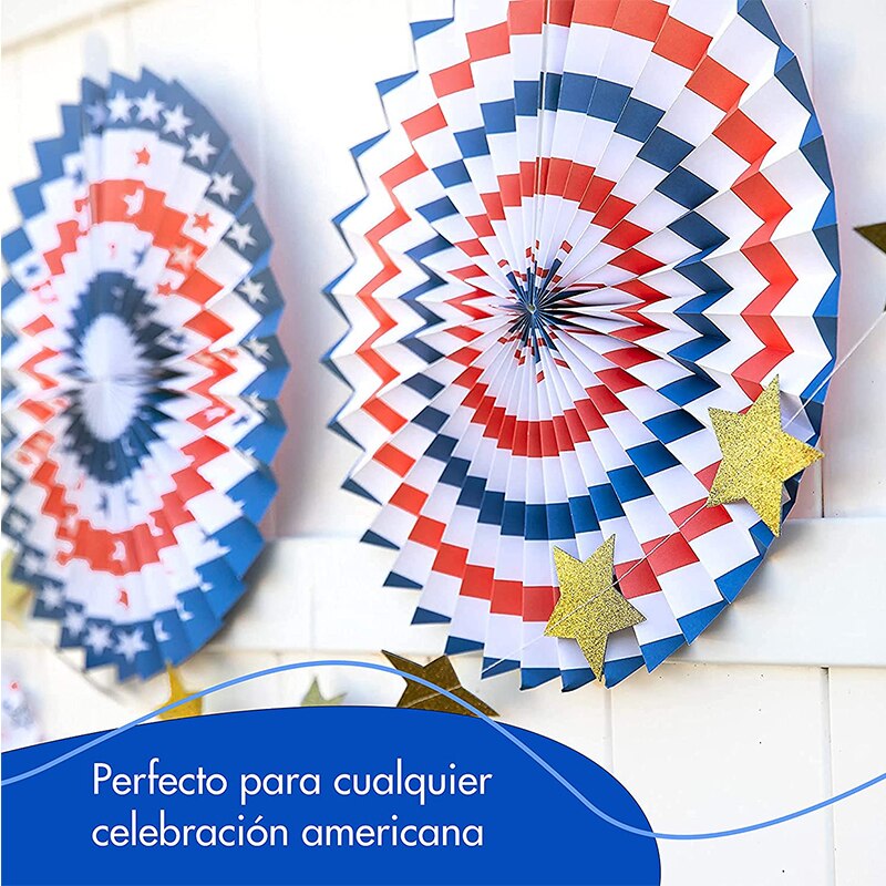 12Pcs USA Blue Red Paper Fans Flowers