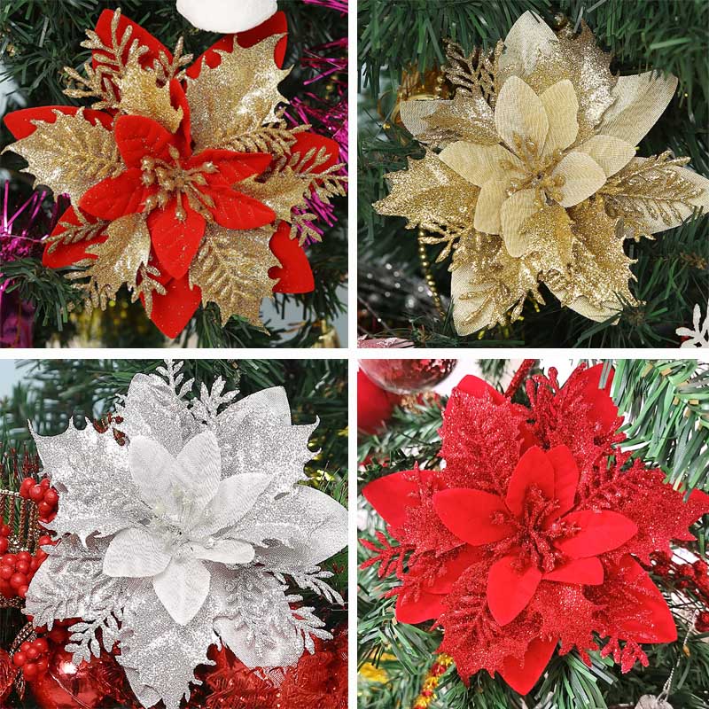 Close ups of fourteen cm red, grey, gold, and red and gold mixed artificial Christmas flowers