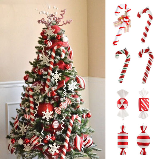 Large candycane, chocolate, and pepperiment ornaments shown on a Christmas tree