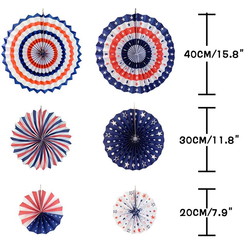 12Pcs USA Blue Red Paper Fans Flowers