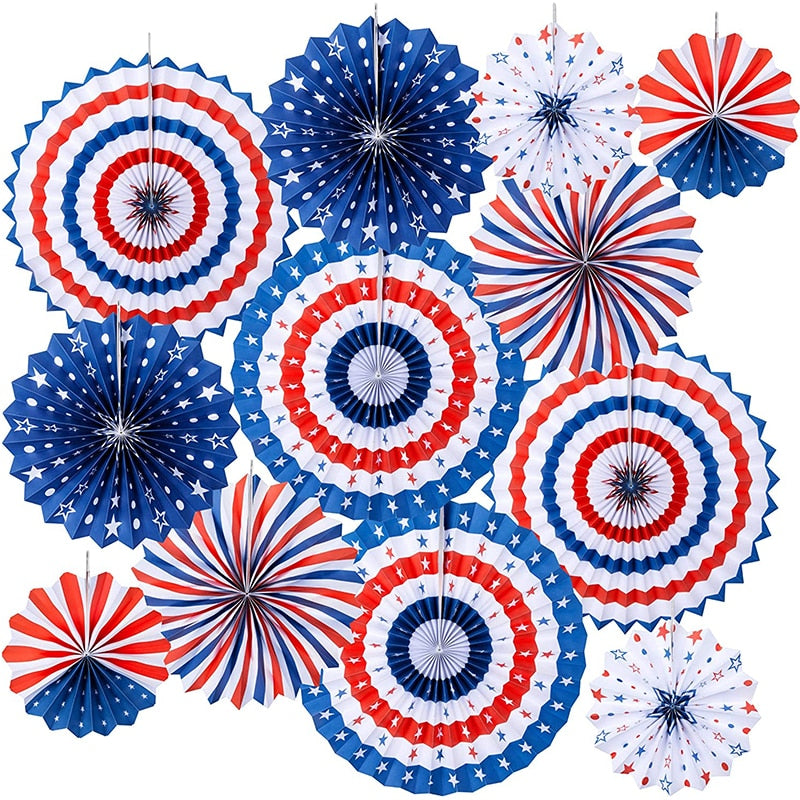 12Pcs USA Blue Red Paper Fans Flowers